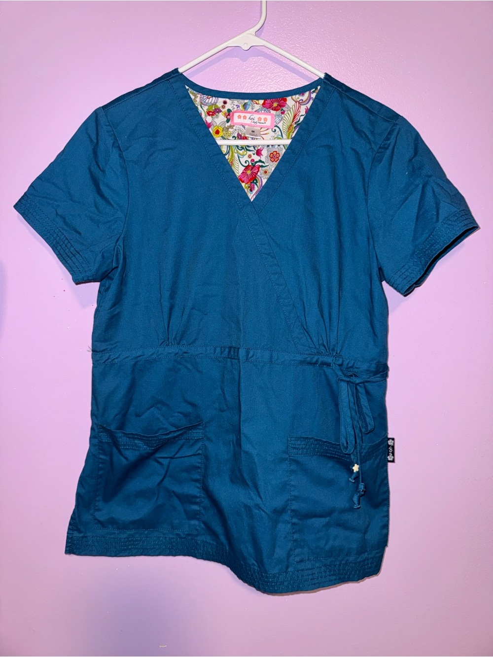 koi Teal Medical Scrub Top with Floral Trim